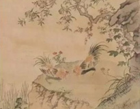 明·周之冕《榴实双鸡》